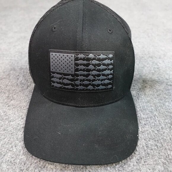 Columbia PFG Trucker Hat Black Patch American Flag Fishes OS Flexfit - Picture 1 of 7